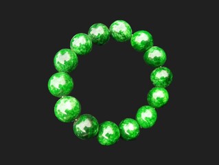 In the picture there are green marbles strung into a bracelet. There are large and small round green marbles that are not the same size and are used as decorations to make beautiful bracelets.