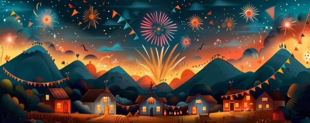illustration of a peaceful village festivity with fireworks in the sky, flags hanging from houses, and a community gathering to celebrate, copy space for text