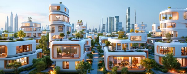 modern metropolitan area featuring high-rise futuristic skyscrapers and sustainable smart homes, with advanced urban planning and infrastructure, offering clear copy space for text