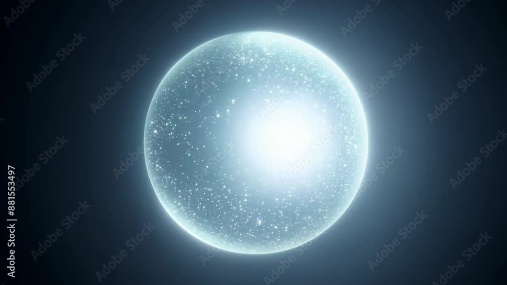 Poster glowing spherical light with sparkling particles on dark background