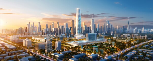 Obraz premium modern city center with state-of-the-art skyscrapers and smart homes, integrated with green spaces and advanced urban planning, offering clear copy space for text