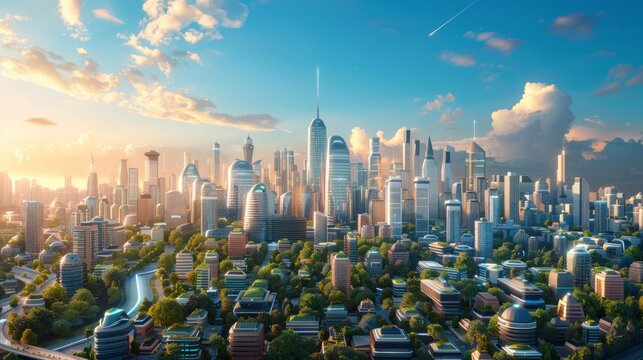 high-tech urban landscape featuring futuristic skyscrapers, sustainable smart homes, and efficient urban planning, providing ample copy space for text