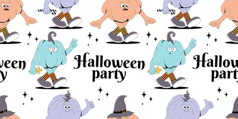 Colorful seamless pattern on Happy Halloween theme. Halloween party. Retro groovy character pumpkins with creepy and skary face. Contemporary vector illustration on white background.