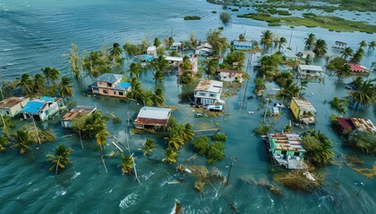Aerial view of a flooded coastal village with houses and palm trees surrounded by rising floodwaters, illustrating a severe natural disaster.