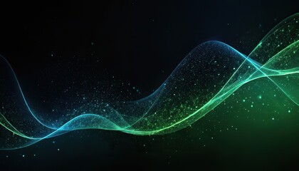 green and blue wave and light abstract background with shining dots
