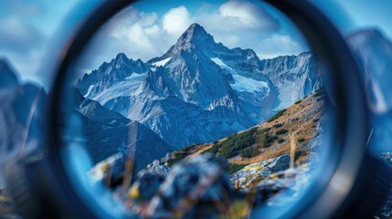 Majestic mountain range through binoculars, emphasizing depth and clarity