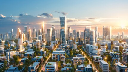 Obraz premium futuristic urban scene with cutting-edge skyscrapers and smart homes, emphasizing sustainable living and advanced urban planning, providing ample copy space for text