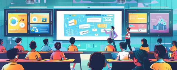 Illustration of a digital classroom with students attentively watching a presentation on a large interactive screen.