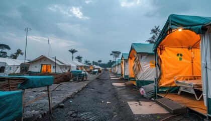 A row of temporary tents in a shelter camp at dusk, with some tents illuminated by internal lights, creating a warm glow against the evening sky.