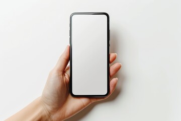 Smartphone mockup on hand with white blank screen created with Generative AI