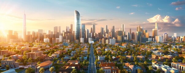 Naklejka premium high-tech cityscape with state-of-the-art skyscrapers and energy-efficient smart homes, integrated into a well-planned urban environment, offering clear copy space for text