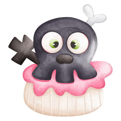 Cute cartoon black skull with crossbones, on top of a pink cupcake icing, isolated vector icon on a white background.