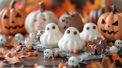 Obraz premium A whimsical and charming arrangement of Halloween treats consisting of ghost-shaped meringue cookies, chocolate-covered spider pretzels, and candy-coated caramel apples, all displayed on a rustic
