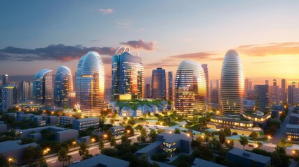 futuristic city center with cutting-edge skyscrapers and energy-efficient smart homes, integrated with green spaces and advanced urban planning, providing ample copy space for text