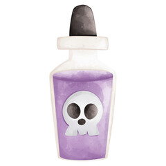 Vector illustration of a purple potion bottle with a skull symbol, perfect for Halloween themed designs and projects.