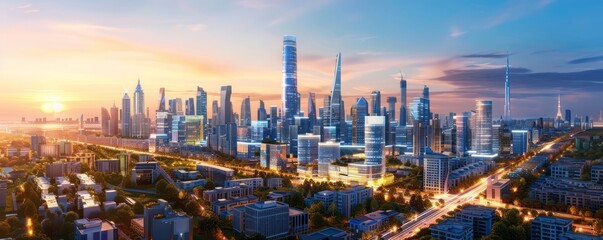 Fototapeta premium state-of-the-art urban skyline with innovative skyscrapers and sustainable smart homes, showcasing advanced infrastructure and urban planning, offering clear copy space for text