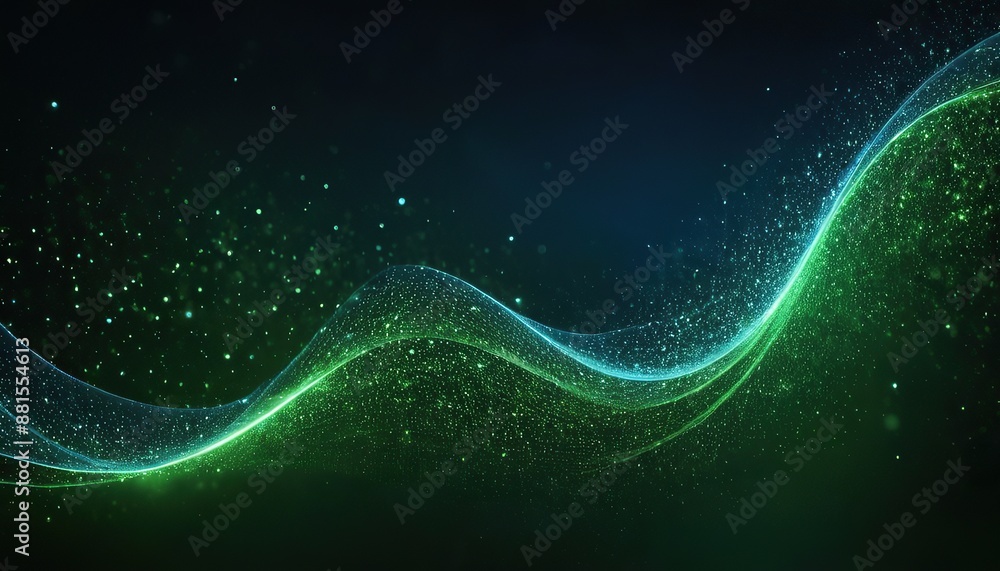 Wall mural digital light blue and light green particles wave and light abstract background with shining dots st