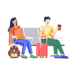 Passengers sitting in airport waiting area, flat illustration 

