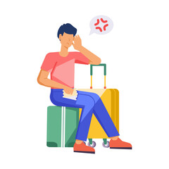 A flat character illustration of an anxious traveller 

