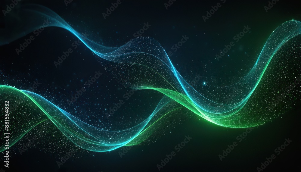 Poster abstract green and blue particle background. flow wave with dot landscape. digital data structure. f