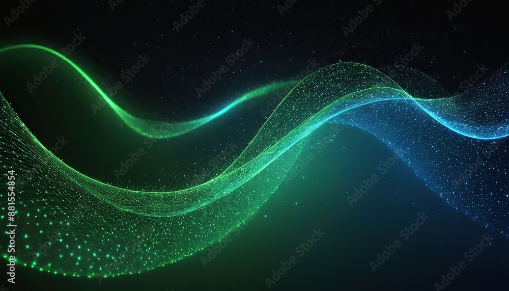 Wall mural abstract green and blue particle background. flow wave with dot landscape. digital data structure. f