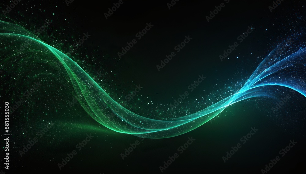 Wall mural digital blue and green particles wave and light abstract background with shining dots stars 156