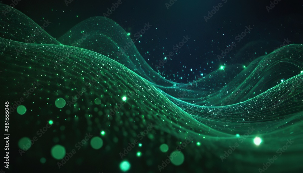 Wall mural digital blue and green particles wave and light abstract background with shining dots stars 156