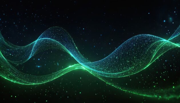 Digital blue and green particles wave and light abstract background with shining dots stars 156