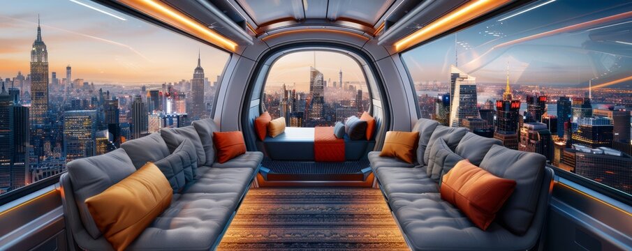 interior of a Hyperloop pod with comfortable seating and large windows displaying a futuristic cityscape, with clear copy space for text