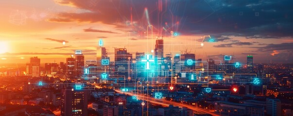 Smart city living with AI-powered healthcare services and wellness monitoring devices, showcasing personalized health management and lifestyle enhancement in urban settings, offering clear copy space