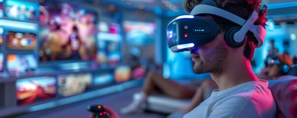 Virtual reality gaming room in a futuristic smart home, highlighting wearable gaming accessories and immersive VR simulations, displaying motion-sensing technology and interactive virtual