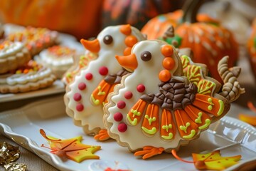 Fototapeta premium Decorated Turkey Cookies on White Plate for Thanksgiving Celebration