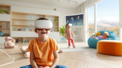 Modern family room equipped with wearable health monitors and virtual reality family bonding activities, showcasing interactive educational tools and AI-enhanced parenting support systems, providing
