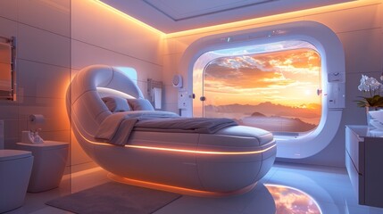 Smart bathroom sanctuary equipped with wearable relaxation monitors and virtual reality wellness retreats, showcasing sensory deprivation tanks and AI-guided meditation sessions, providing clear copy