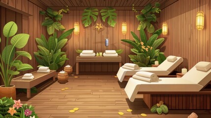 Flat design illustration of a relaxing spa with wooden-texture background and 3D elements. The spa includes massage tables, soothing decor, and wellness products, creating a serene atmosphere. The
