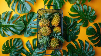 A tropical arrangement of pineapples and monstera leaves against a vibrant yellow background creates a fresh and exotic vibe.