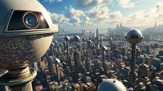 Dystopian world setting with polluted skies, overpopulated cityscape, and oppressive surveillance systems, illustrating a bleak future under authoritarian rule, offering ample copy space for text