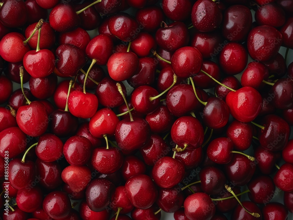 Poster Symmetrical Aerial View of Vibrant Red Cherries in a Geometric Pattern with Natural Lighting and Textured Background