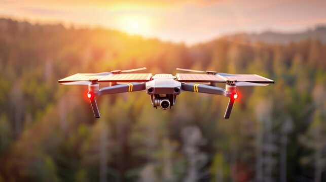Futuristic drone equipped with solar panels for extended flight time and reduced environmental impact, showcasing innovative applications of renewable energy in technology, providing ample copy space