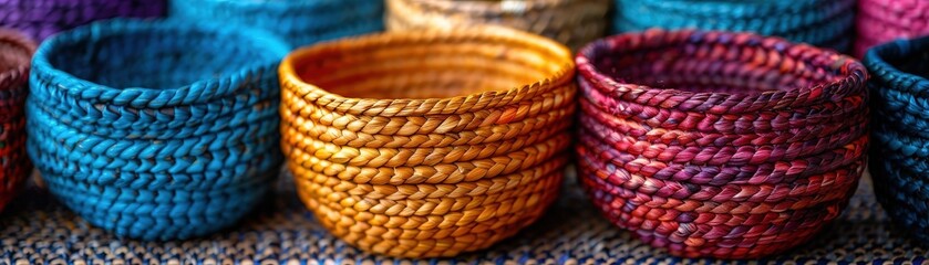 Obraz premium Colorful handcrafted wicker baskets neatly arranged in a row showcasing vibrant colors and intricate weaving patterns.