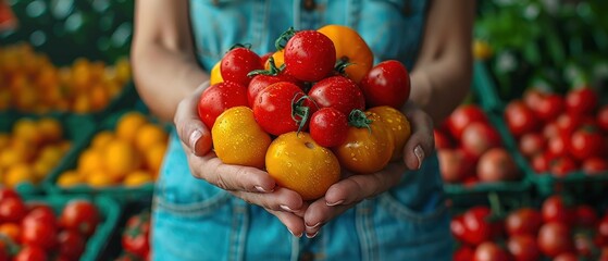 Close-up of a person holding fresh tomatoes and bell peppers in hands, showcasing vibrant colors and healthy produce at a market.