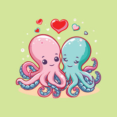 Cute couple of octopuses with heart. Valentines card with funny character in love. We complete each other. Vector illustration. Outline drawing