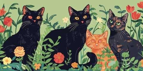 Abstract Pet Animal Wallpaper: Cute 3D Cartoon Cats Celebrating International Cat Day. Adorable Night Cats with Expressive Eyes in a Full-Body Portrait. AI-Generated High-Resolution Background for Pet