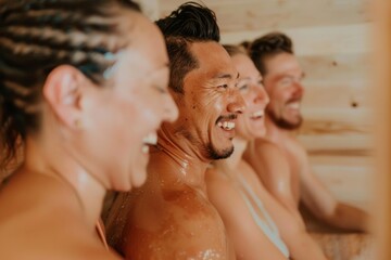 Fototapeta premium Multicultural Friends Enjoying a Warm Joyful Gathering in a Cozy Sauna, Emphasizing Connection and Wellbeing