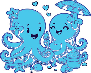 Cute couple of octopuses with heart. Valentines card with funny character in love. We complete each other. Vector illustration. Outline drawing