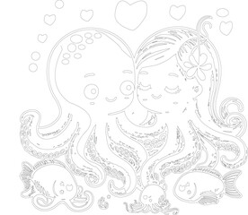 Cute couple of octopuses with heart. Valentines card with funny character in love. We complete each other. Vector illustration. Outline drawing