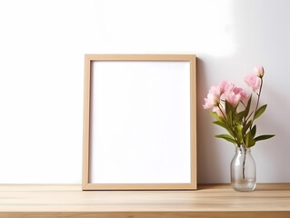 Minimalist wooden photo frame and a delicate vase of pink flowers on a wooden shelf.