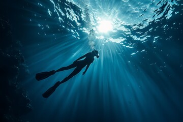 free diver into deep blue ocean