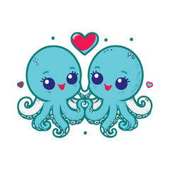 Fototapeta premium Cute couple of octopuses with heart. Valentines card with funny character in love. We complete each other. Vector illustration. Outline drawing