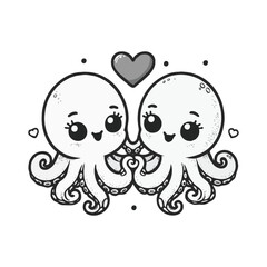 Obraz premium Cute couple of octopuses with heart. Valentines card with funny character in love. We complete each other. Vector illustration. Outline drawing